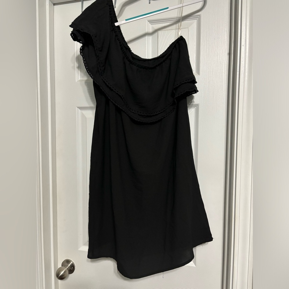 One shoulder black womens knee length dress